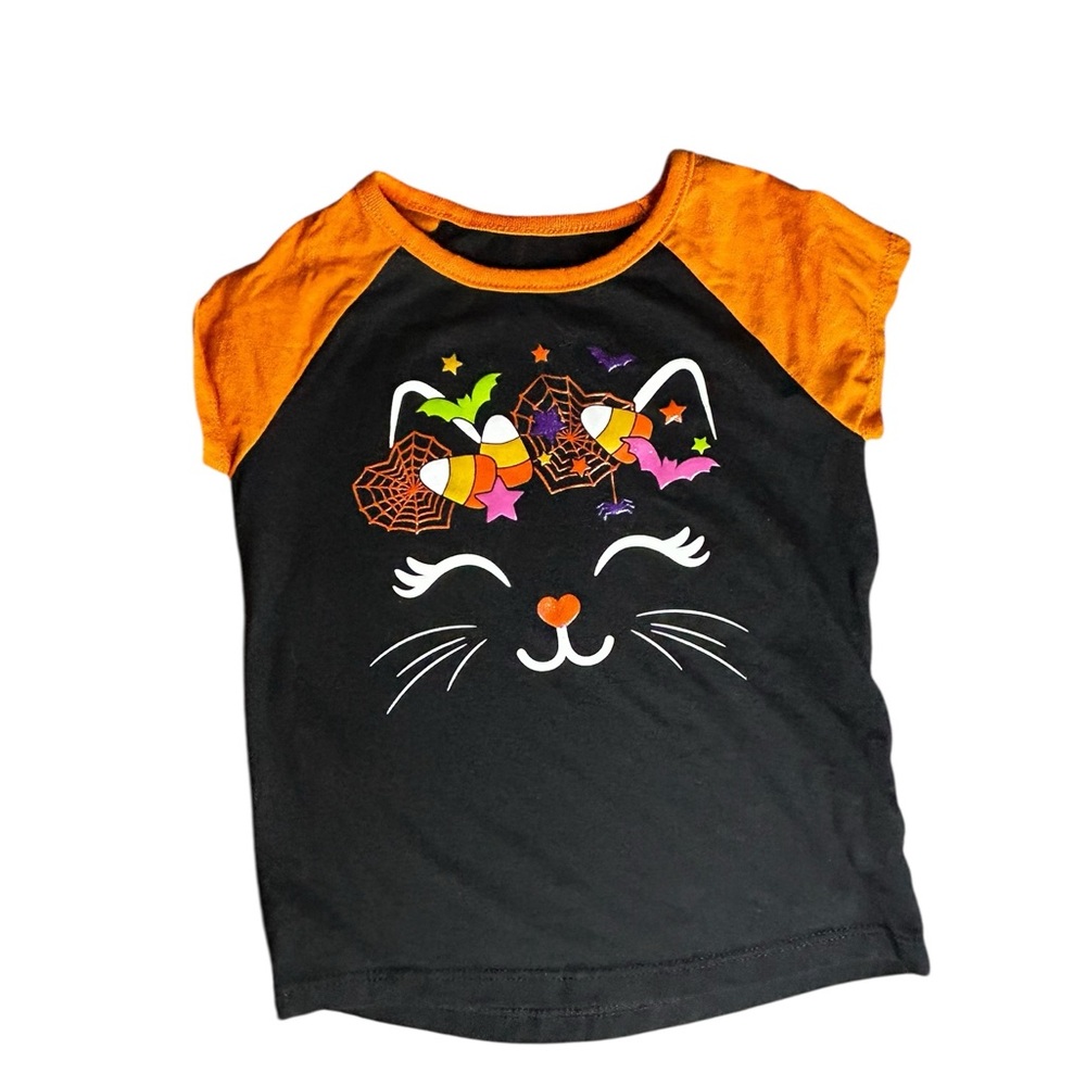 Kids Halloween Cat Face Tee - Orange & Black